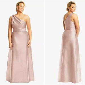 Alfred Sung Draped One-Shoulder Satin Maxi‎ Dress Pockets Toasted Sugar 4 AS IS